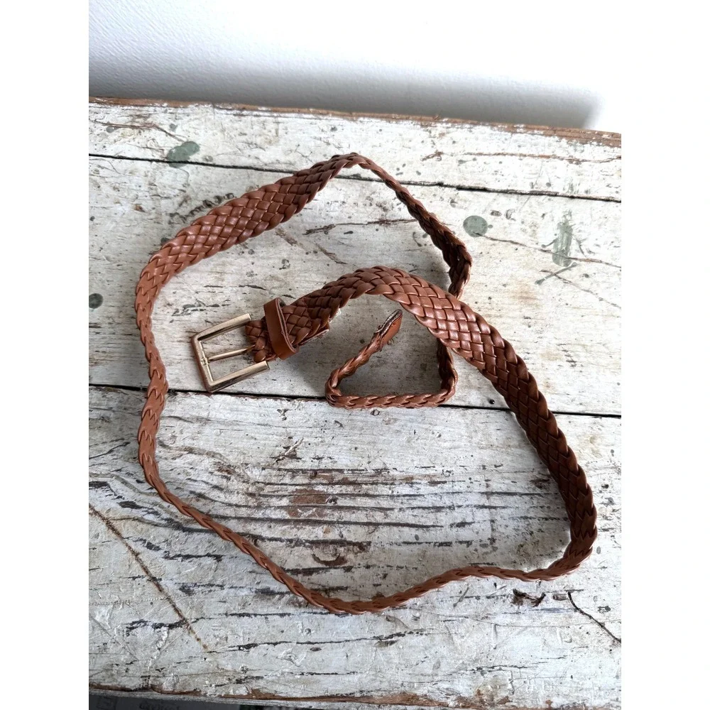 Cognac Brown Braided Woven Belt Square Buckle Faux Leather Adjustable - Picture 2 of 7